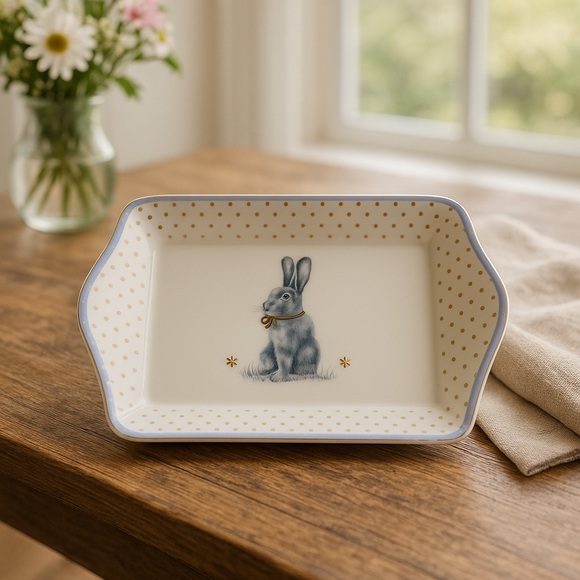 Spode Other - Spode Meadow Lane Rabbit Dessert Tray – Porcelain – Polka Dot Trim – With Box